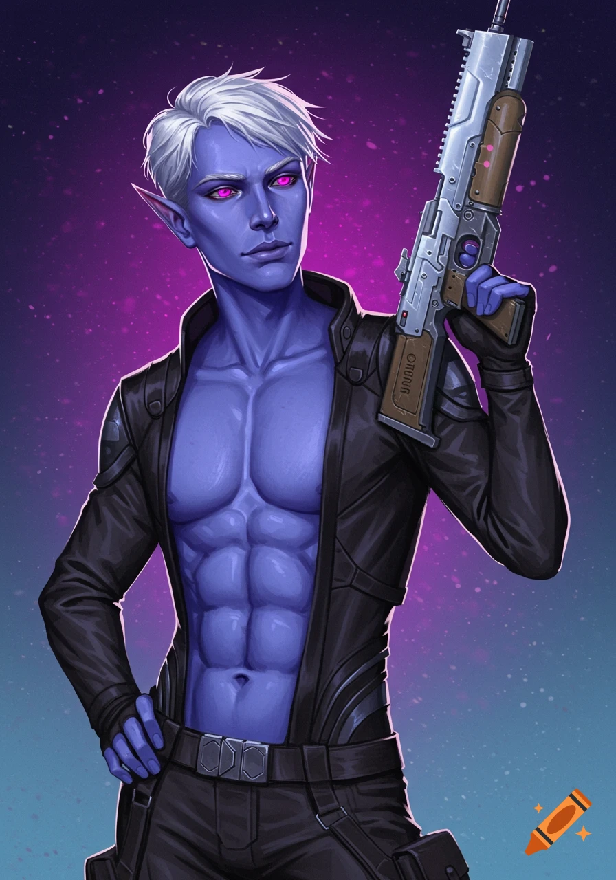 A muscular male fantasy character with blue skin and pointed ears, wearing an open jacket and holding a sci-fi rifle, stands against a starry background.