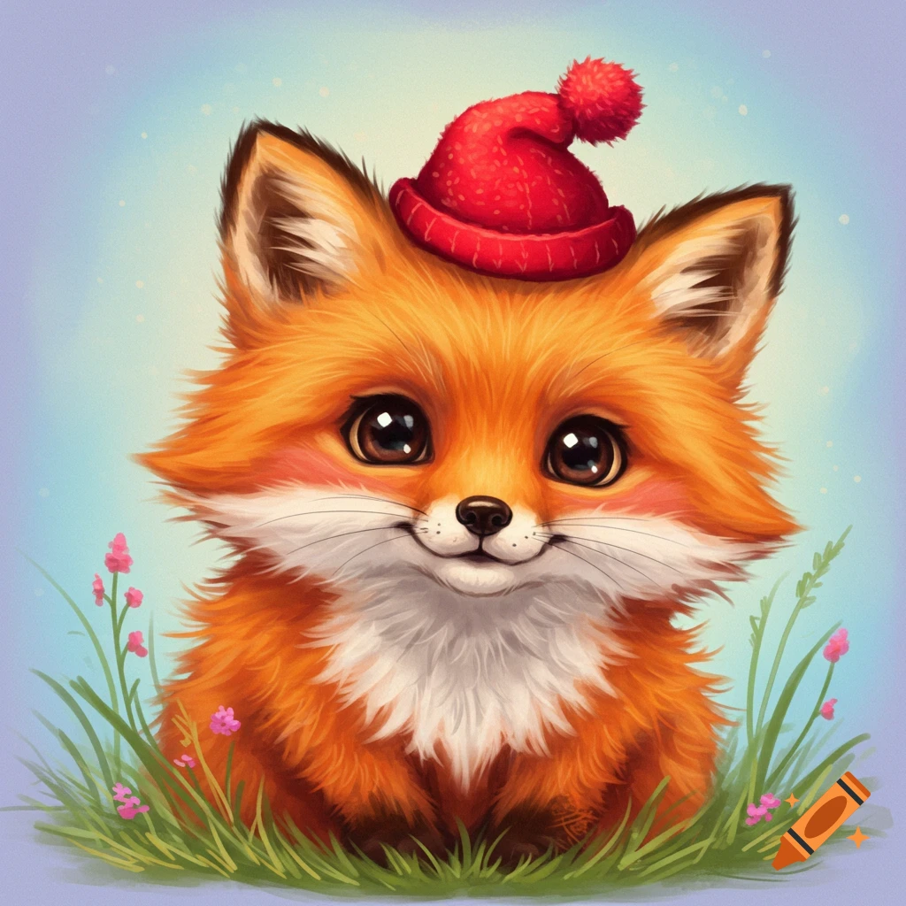 Cute cartoon fox wearing a red winter hat in grass with flowers
