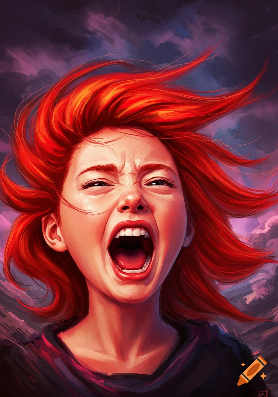 Painting of a young woman with red hair screaming against a stormy background.