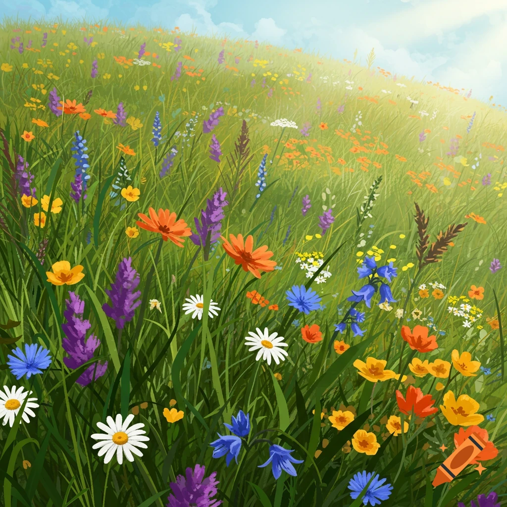 A colorful meadow filled with tall grass and various wildflowers.