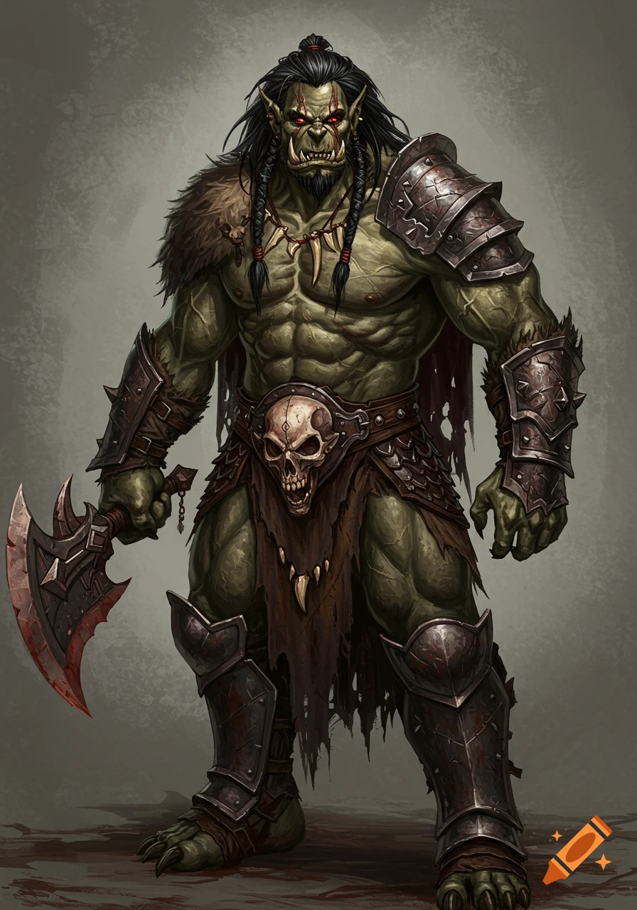A menacing green-skinned orc warrior in dark armor holds a bloody axe and stares fiercely.