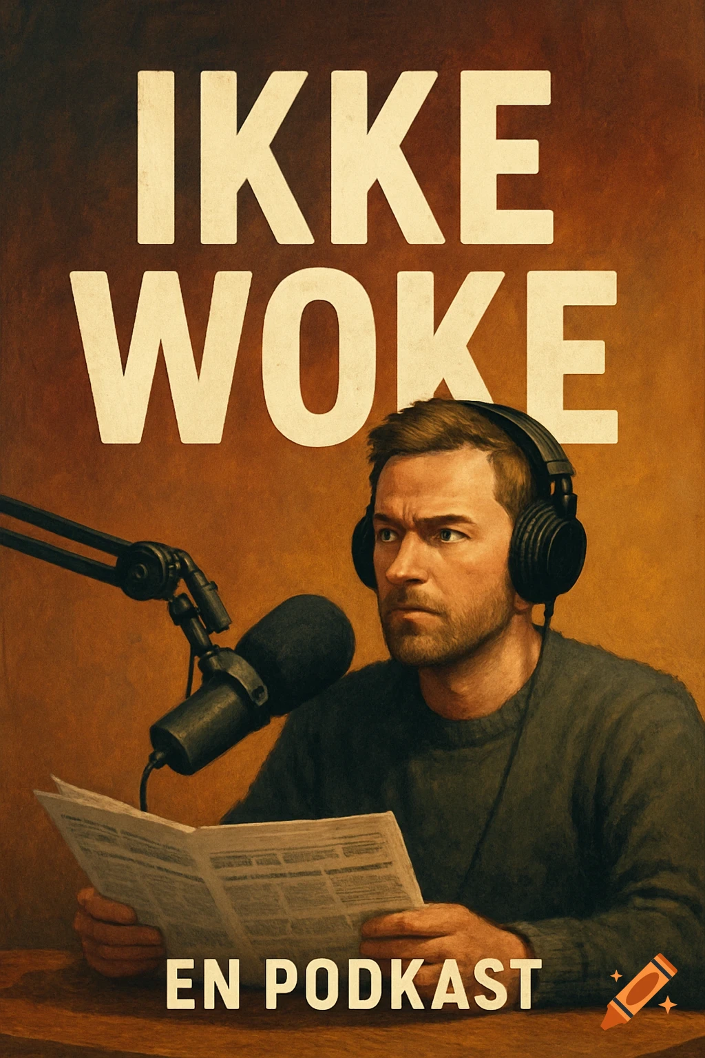 Illustration of a man with headphones and microphone reading a newspaper, with the text 'IKKE WOKE EN PODKAST'