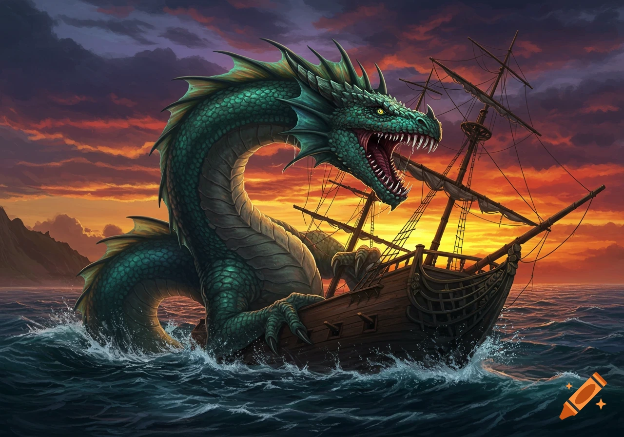 A giant green sea dragon attacks a wooden sailing ship on a stormy sea at sunset. Art style.
