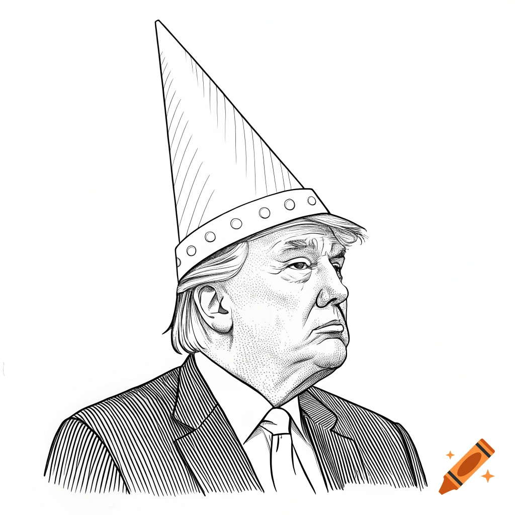 Line drawing portrait of Donald Trump wearing a dunce cap.