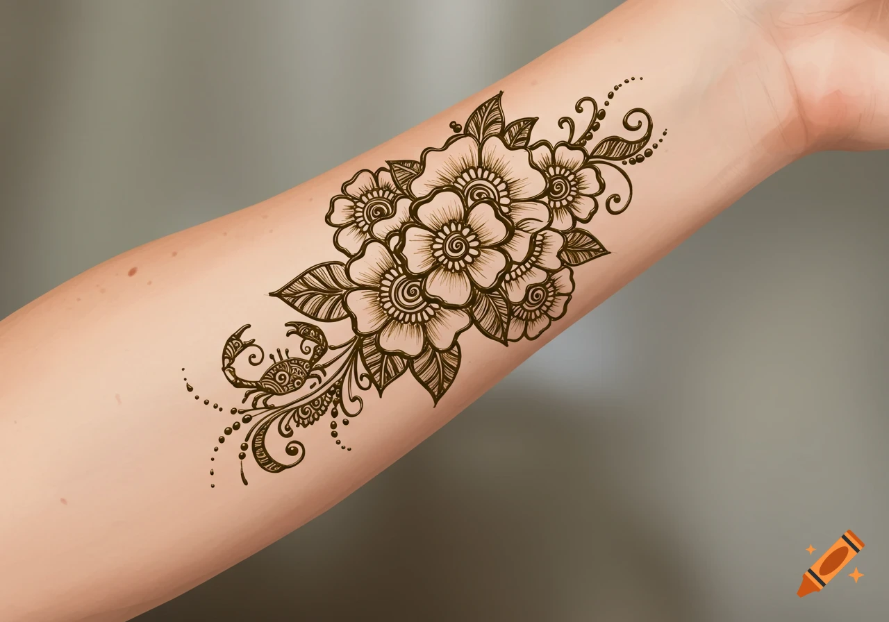 Detailed henna design of flowers and a scorpion on a forearm.