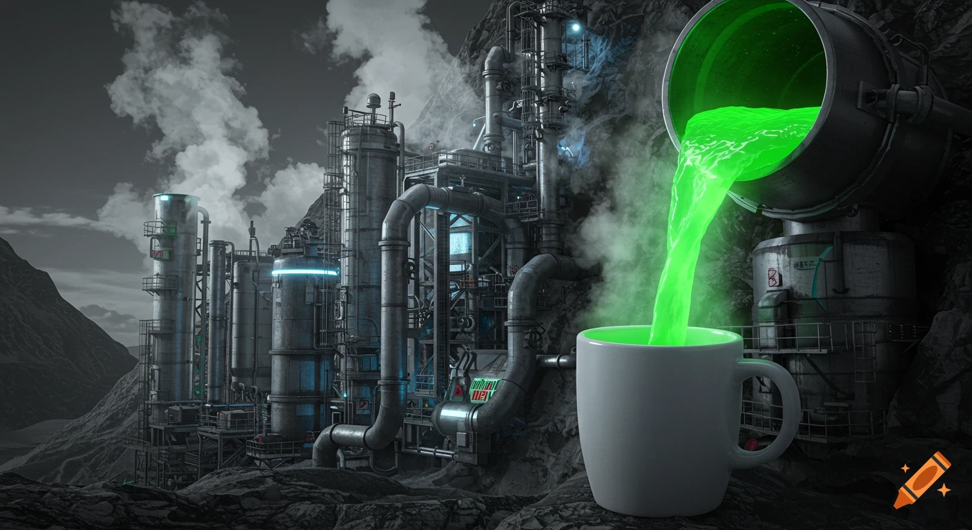 Green liquid pours from a large pipe into a white mug in a fantastical industrial factory landscape.