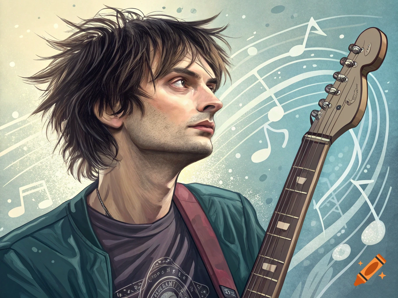Illustration of a musician playing guitar with musical notes in the background.