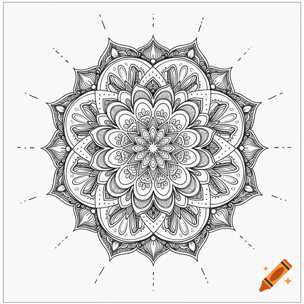 Black and white line art drawing of a detailed mandala pattern.