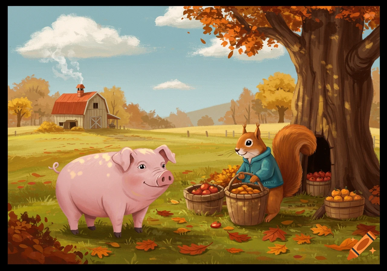 A cartoon pig watches a squirrel harvesting apples and nuts in baskets on an autumn farm with a barn in the background.