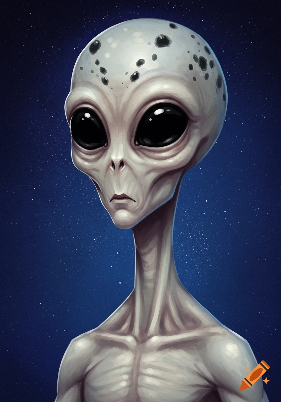 Illustration of a grey alien with large black eyes and spots on its head, seen from the chest up against a starry blue background.