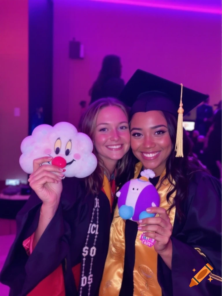 Two women in graduation robes and caps smile, holding squishy toys.