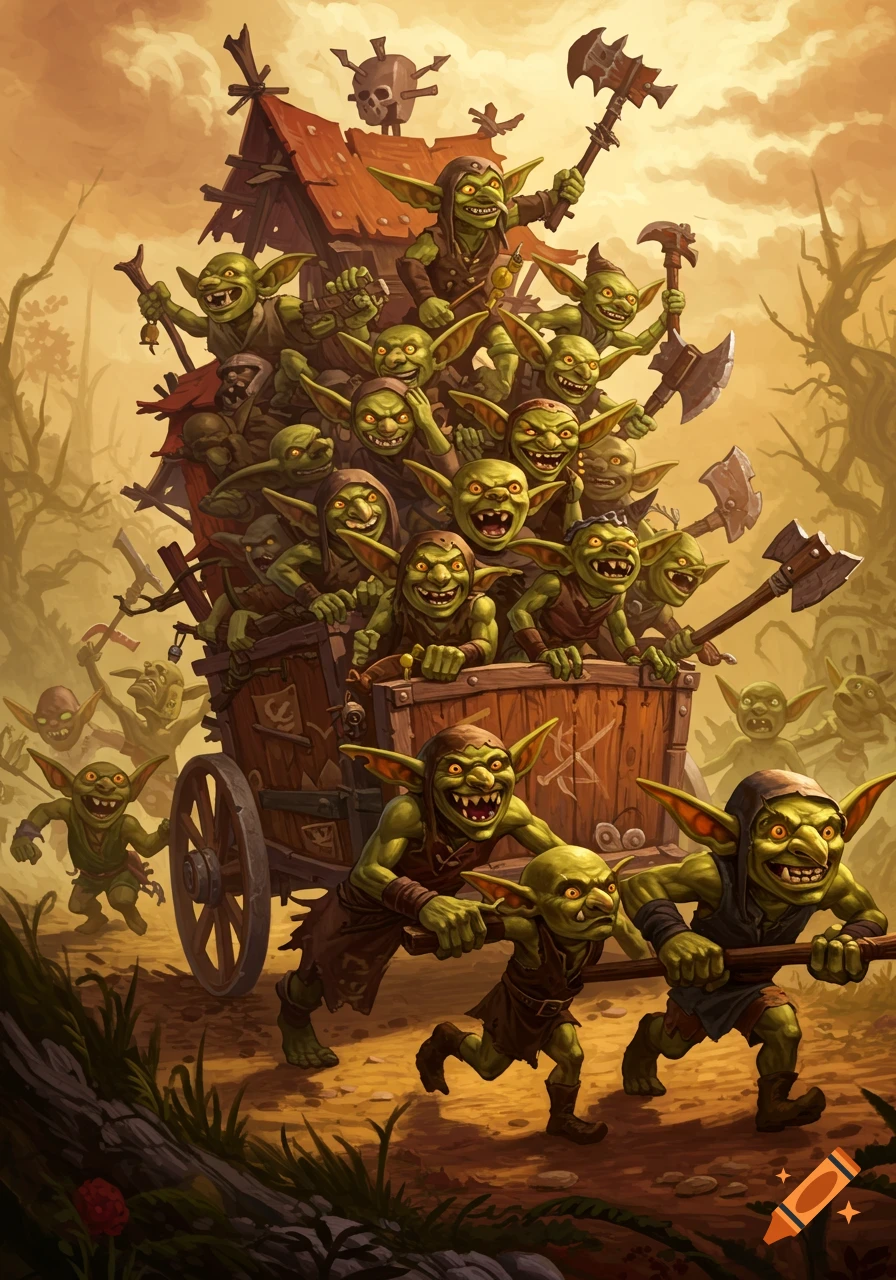 Many green goblins pull a wooden wagon filled with more goblins in a stylized fantasy illustration.