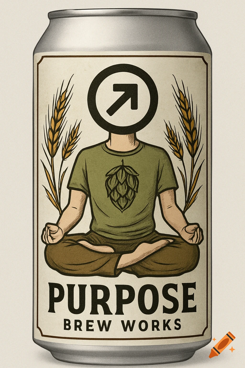 Beer can label with an illustration of a person meditating with a symbol for a head, surrounded by barley and hops. Label reads 'PURPOSE BREW WORKS'.
