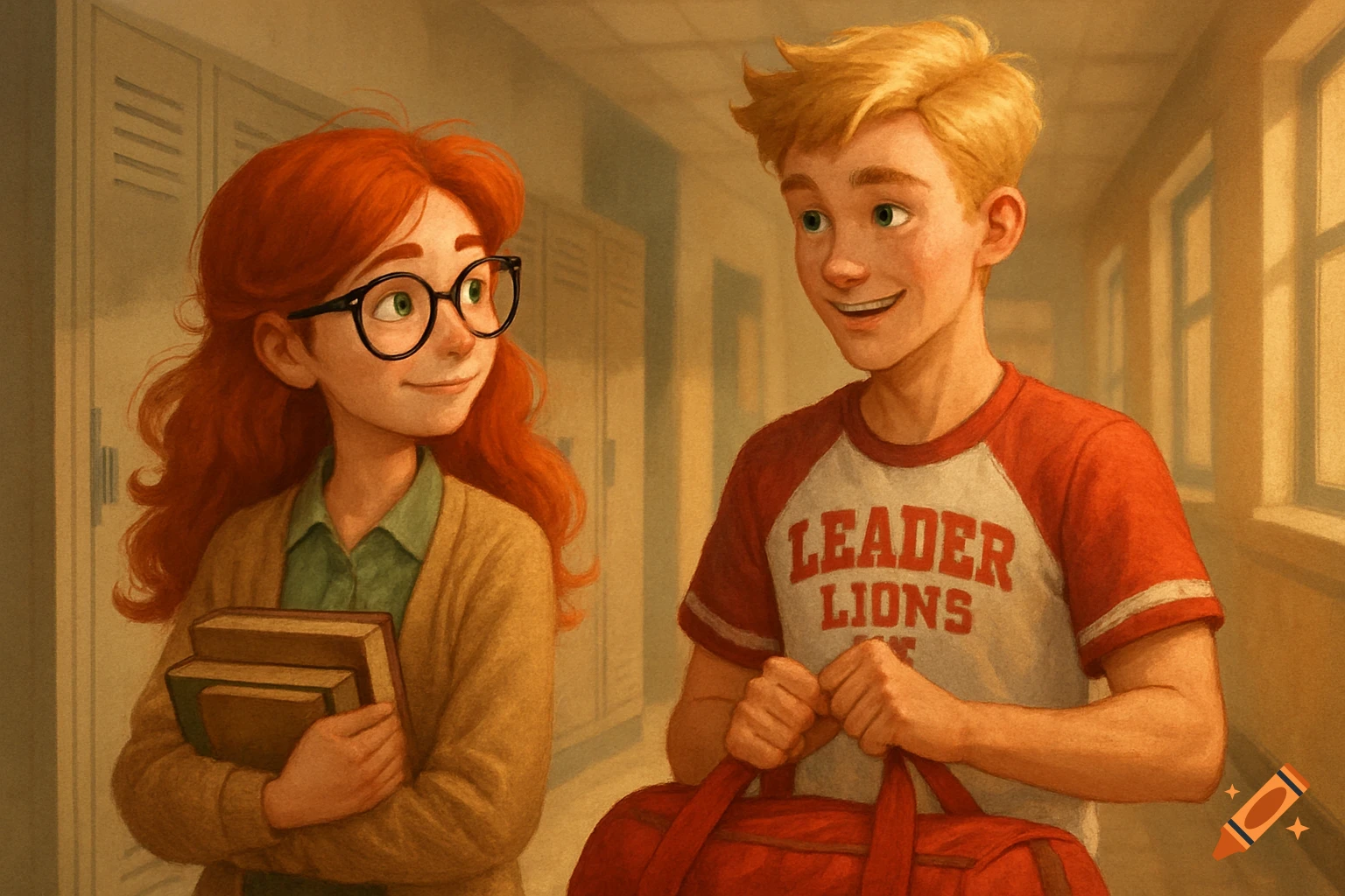 Illustration of a redhead girl with books looking at a blonde boy with a sports bag in a school hallway.