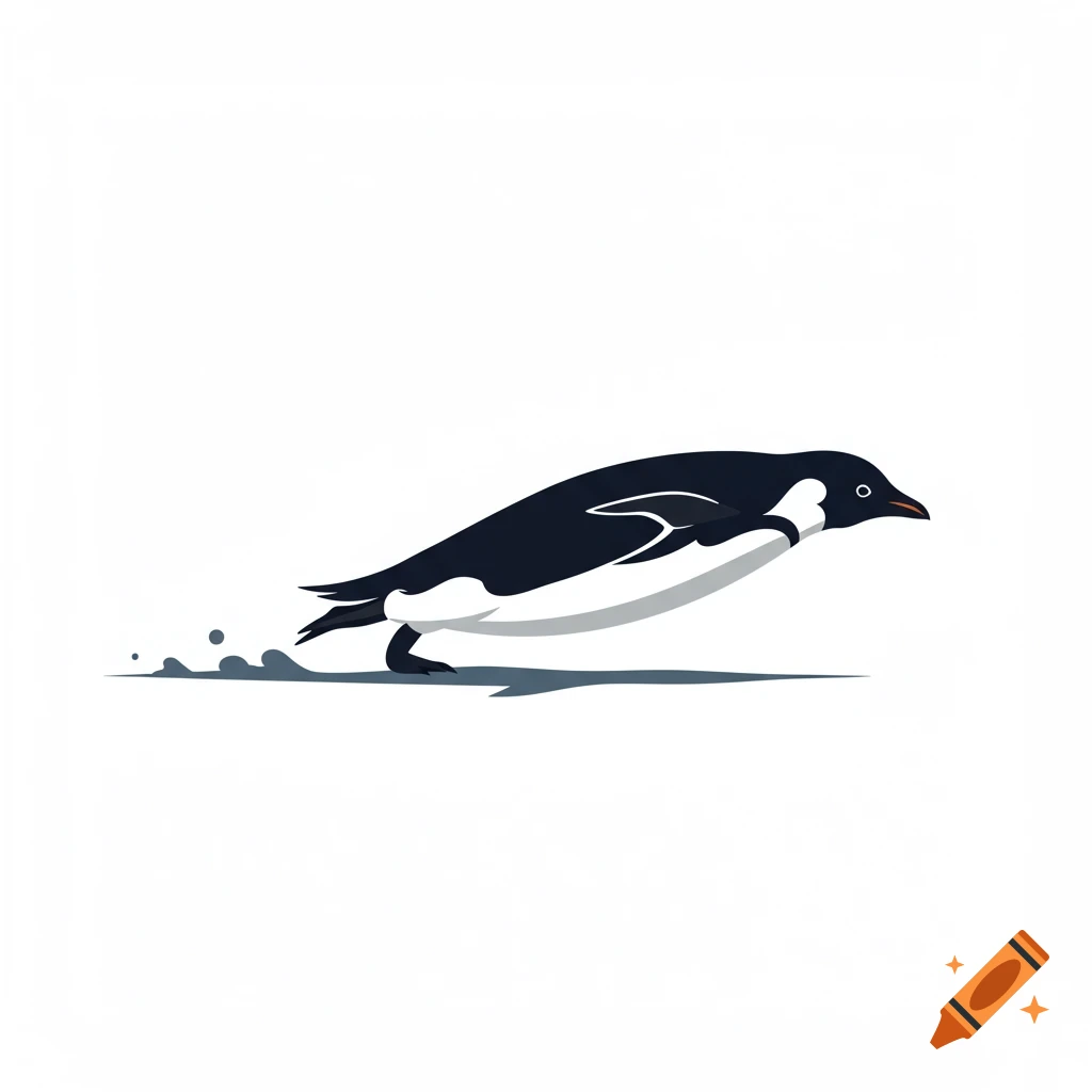 A monochrome illustration of a penguin gliding over a dark surface.