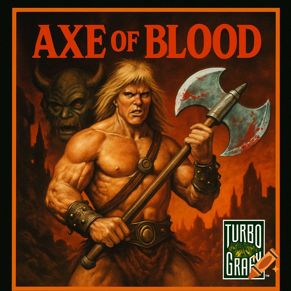 Retro video game cover art featuring a muscular warrior holding a bloody axe, a monster behind him, and the title AXE of BLOOD.