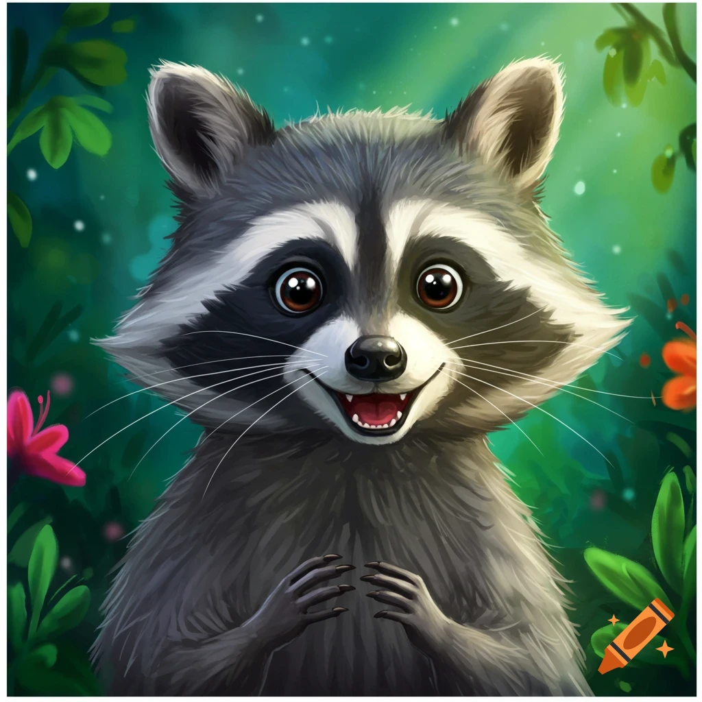 A cute, stylized illustration of a happy raccoon looking forward in a green forest setting.