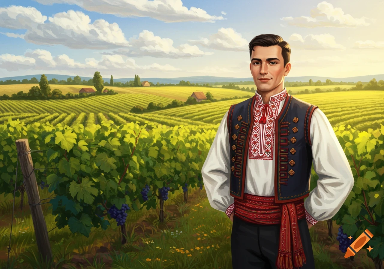 Illustration of a man in traditional clothing standing in a sunny vineyard landscape