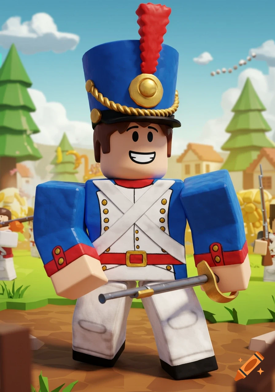 Roblox character dressed as a French soldier in a cartoon battlefield scene