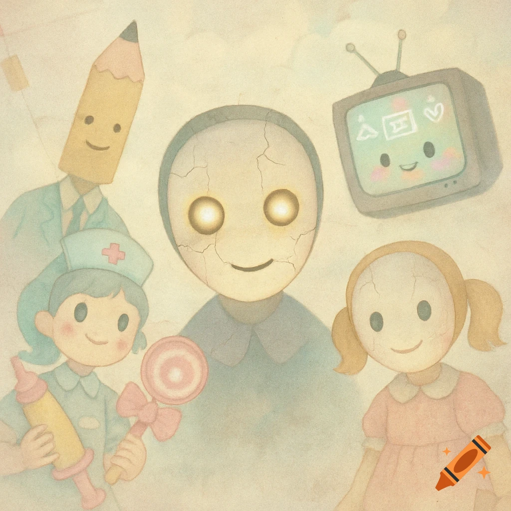 Surreal illustration of masked figures, pencil head, nurse, and floating TV with symbols in a hazy, faded style.