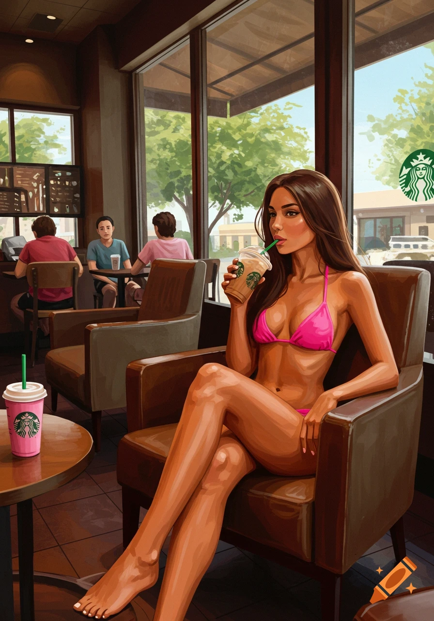 Stylized art of a woman in a pink bikini sitting in a coffee shop chair, drinking from a Starbucks cup.