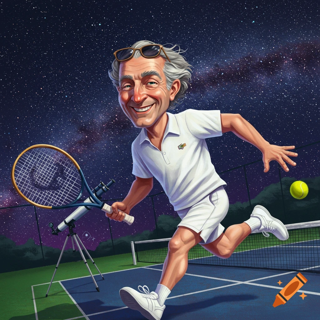 Caricature of a man playing tennis with a telescope on a court under a starry sky.