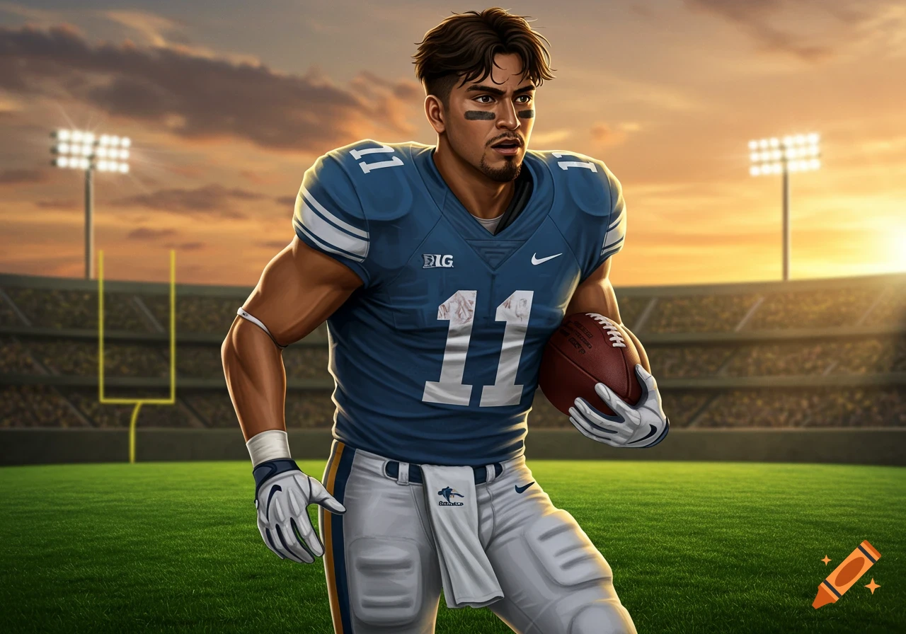 American football player in blue uniform number 11 on a field.