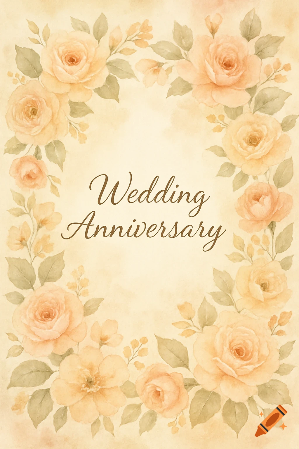 A watercolor image of an invitation backdrop with a border of orange roses and leaves surrounding the text "Wedding Anniversary".