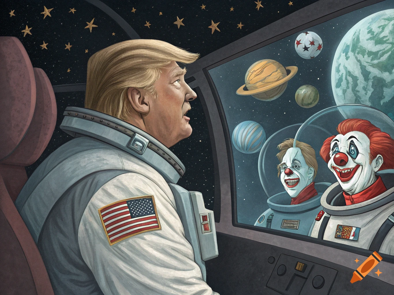 Donald Trump in a spacesuit looks at a screen showing clowns as planets float outside the spaceship window.