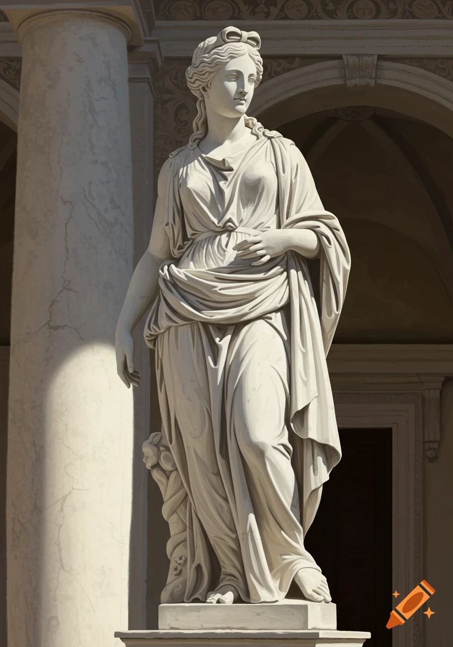 A detailed marble statue of a woman in a renaissance setting.