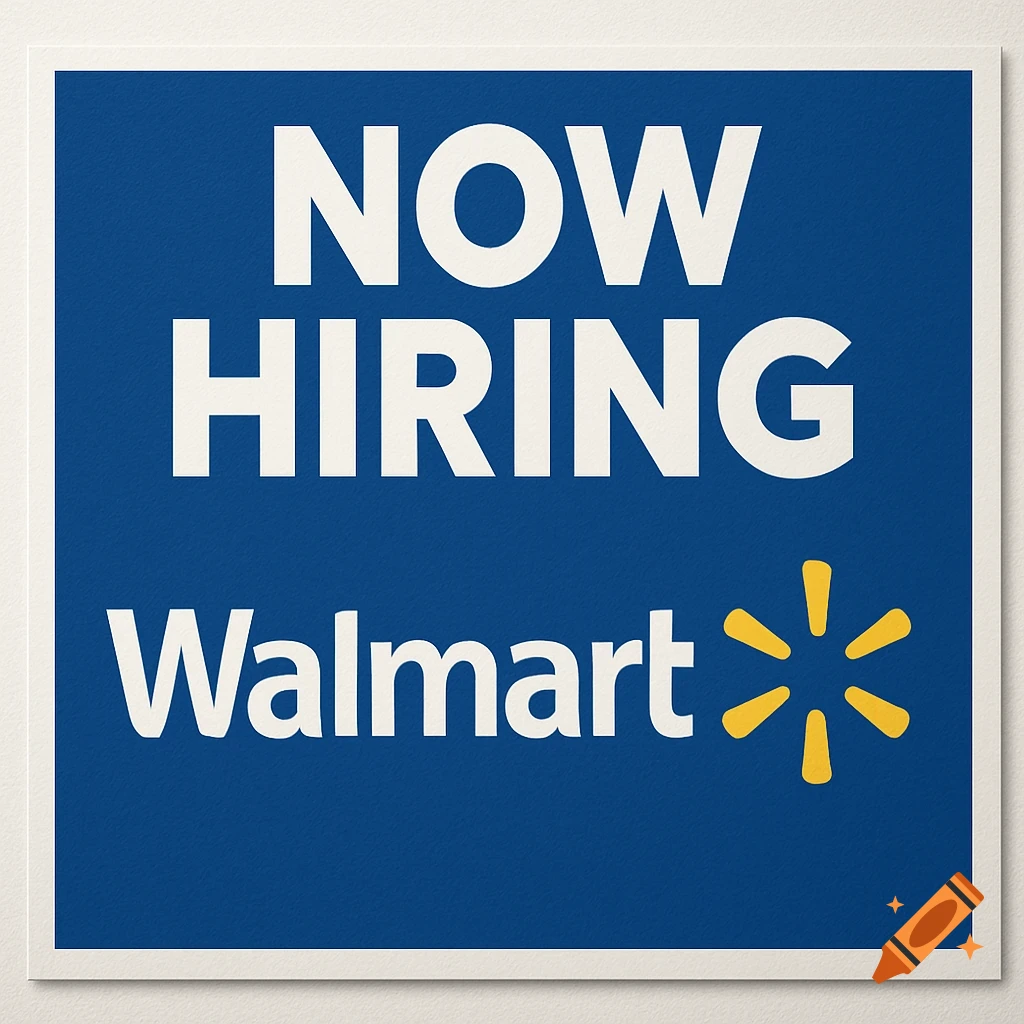 Blue hiring sign with white text 'NOW HIRING Walmart' and the Walmart spark logo.