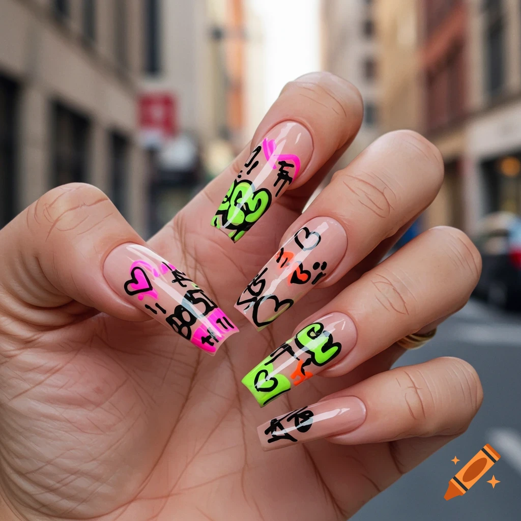 Close-up of long coffin nails with nude base and neon pink, green, orange graffiti-style designs, hearts, and black splatters.