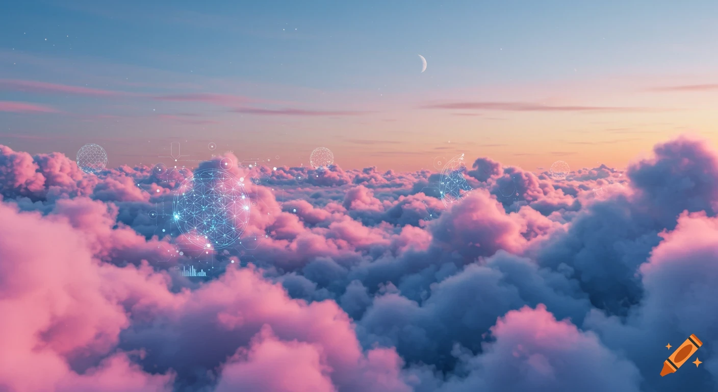Vast pink and blue cloudscape with glowing geometric and data patterns, a moon visible in the distance.