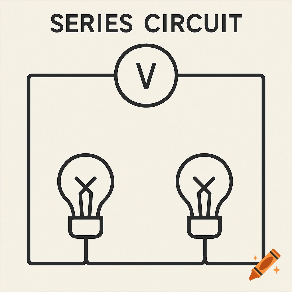 Line drawing diagram of a series electrical circuit with two light bulbs and a voltmeter.