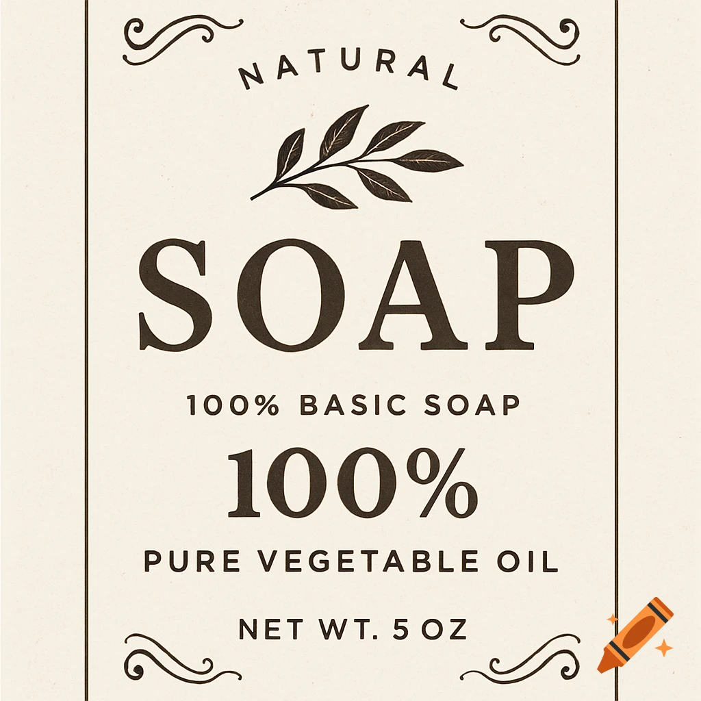 A vintage-style label for natural soap with text and a leaf branch decoration.