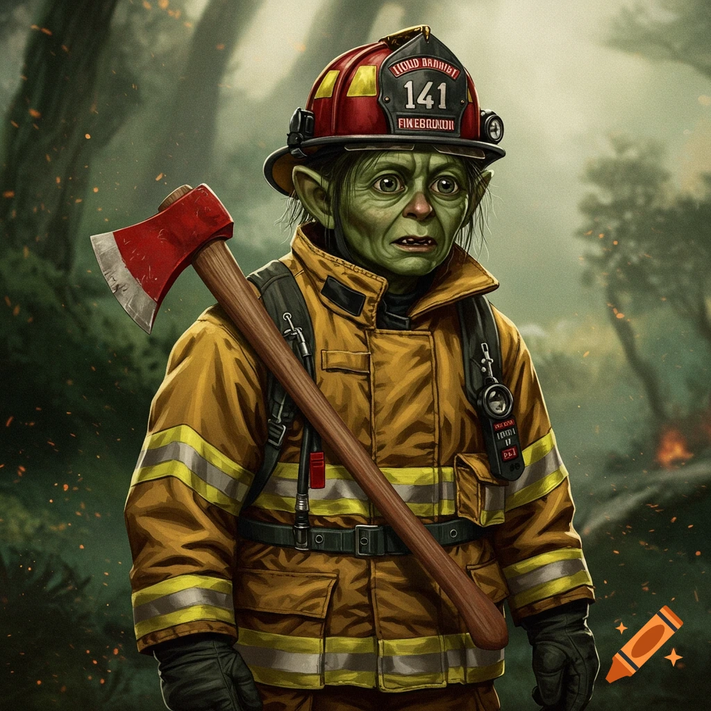 Smeagol in firefighter gear holds an axe in a smoky forest fire.