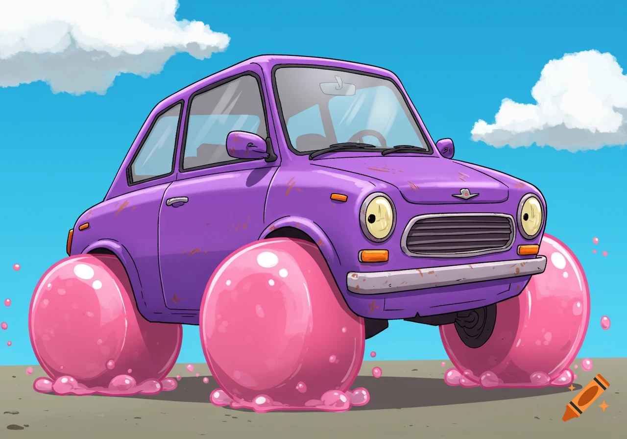 A purple cartoon car sits high on giant pink bubble gum wheels.