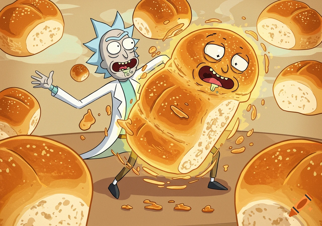 Rick Sanchez looks shocked as he is surrounded by sentient bread rolls, one large one screaming at him.