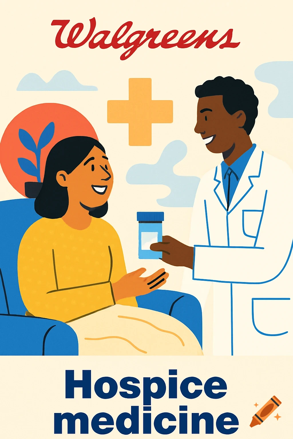 Corporate Memphis illustration of healthcare worker giving medicine to a patient. Text says 'Walgreens' and 'Hospice medicine'.