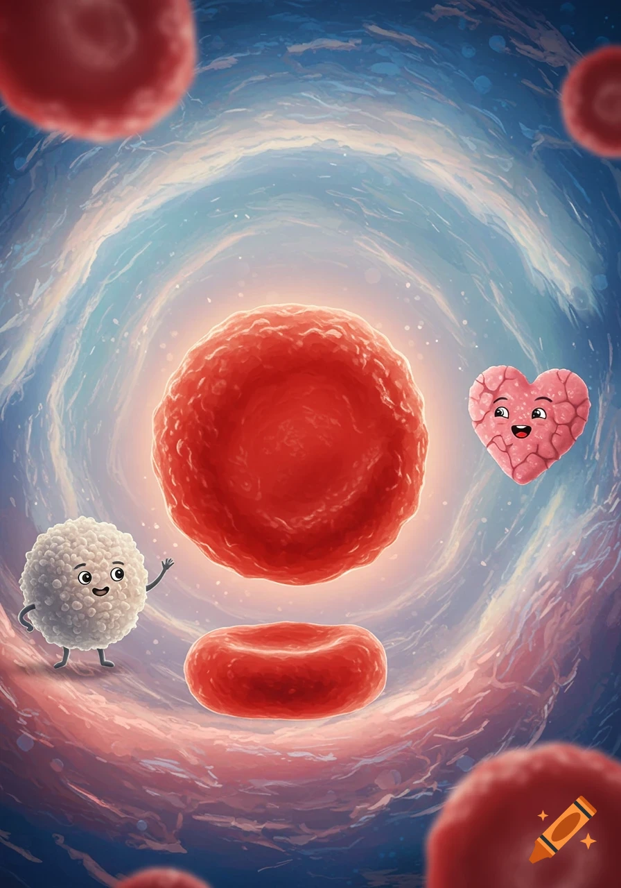 Cartoon blood cells and a heart-shaped coach figure float in a vessel.