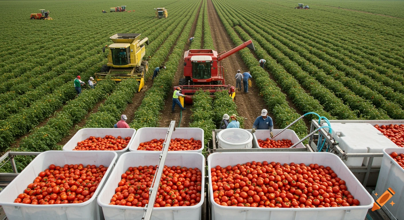 Aerial view of tomato harvesting in a large field with combine machines, workers, and bins of red tomatoes.