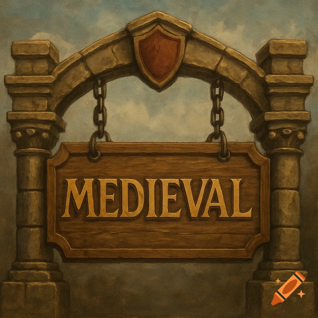 A medieval style wooden sign with the word 'MEDIEVAL' on it, hanging from a stone archway.