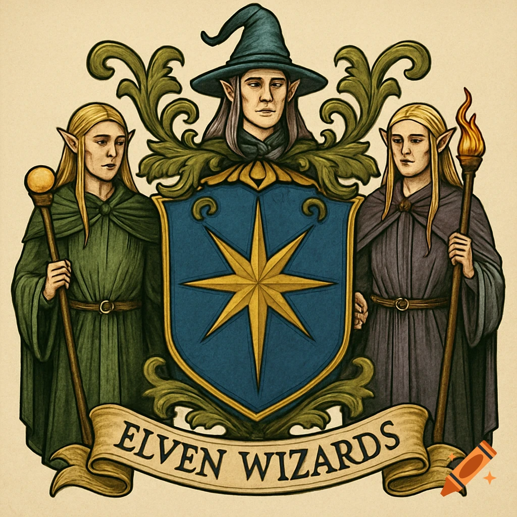 A fantasy coat of arms featuring elven wizards, a shield with a star, and a banner reading 'ELVEN WIZARDS'.