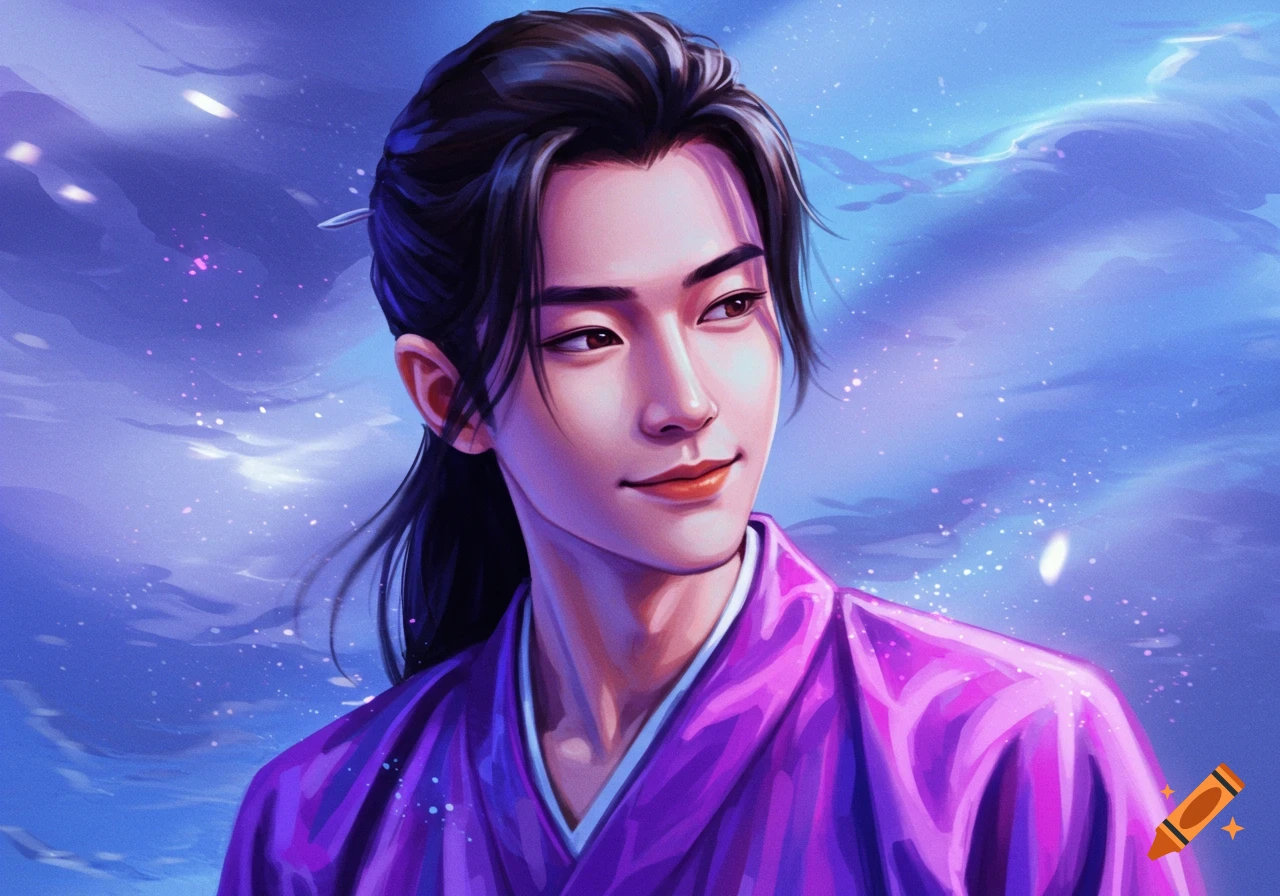 Digital painting portrait of a young Asian man in a purple robe against a starry blue background.