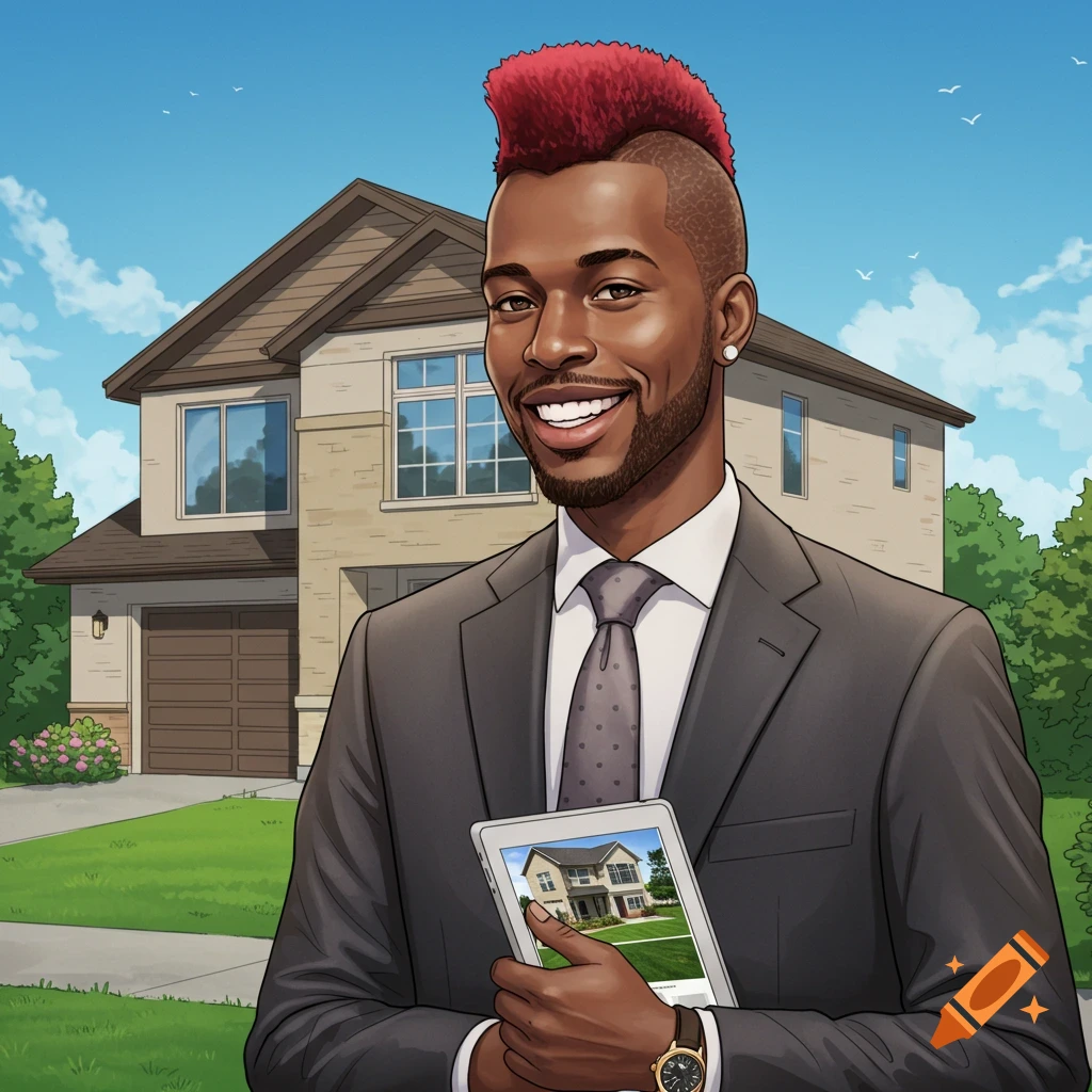 A man in a suit holds a tablet showing a house listing. He stands in front of a suburban house.