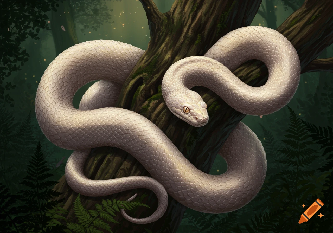 A white snake with golden eyes coiled around a tree branch in a forest, digital painting style.