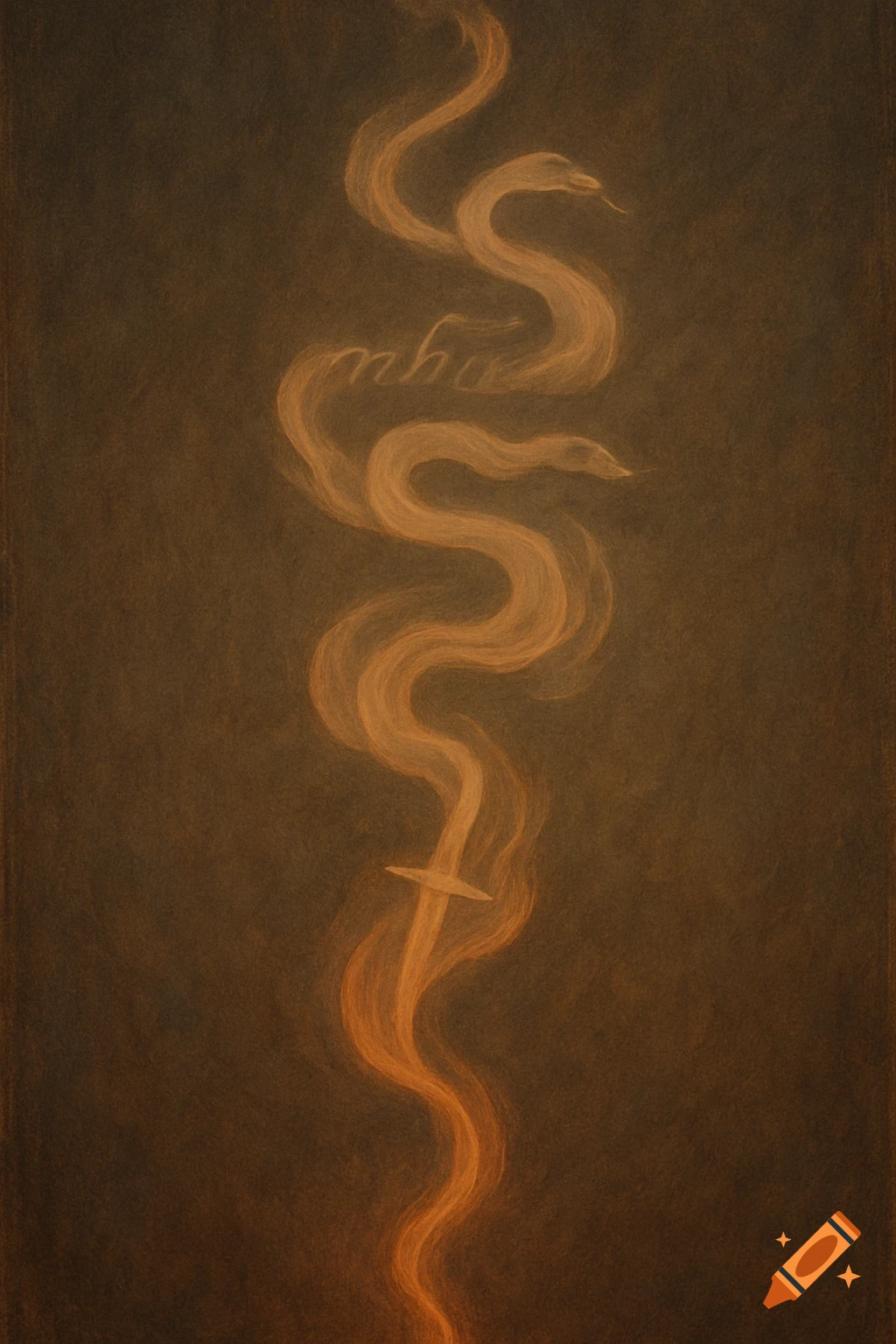 A winding, luminous orange smoke or fire trail against a dark brown background. A sword is embedded in the trail, which also contains faint serpentine shapes and blurry, illegible text.