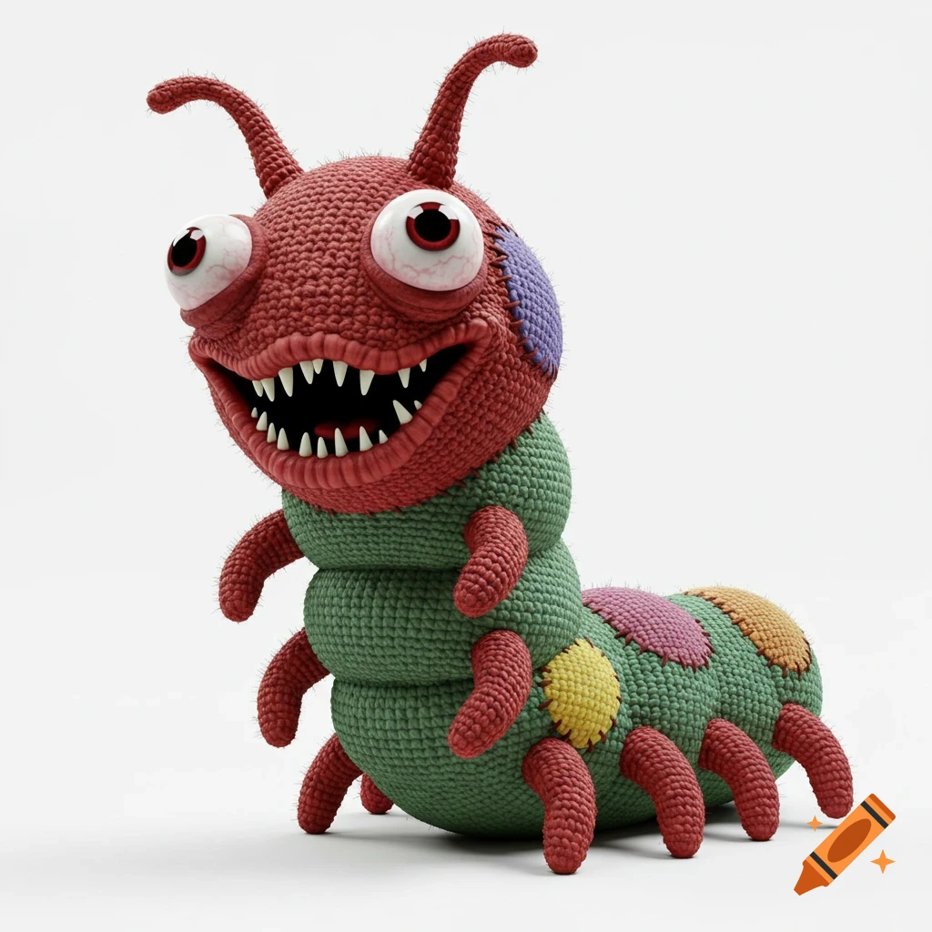 A creepy red and green crochet caterpillar plushie with large eyes and sharp teeth.