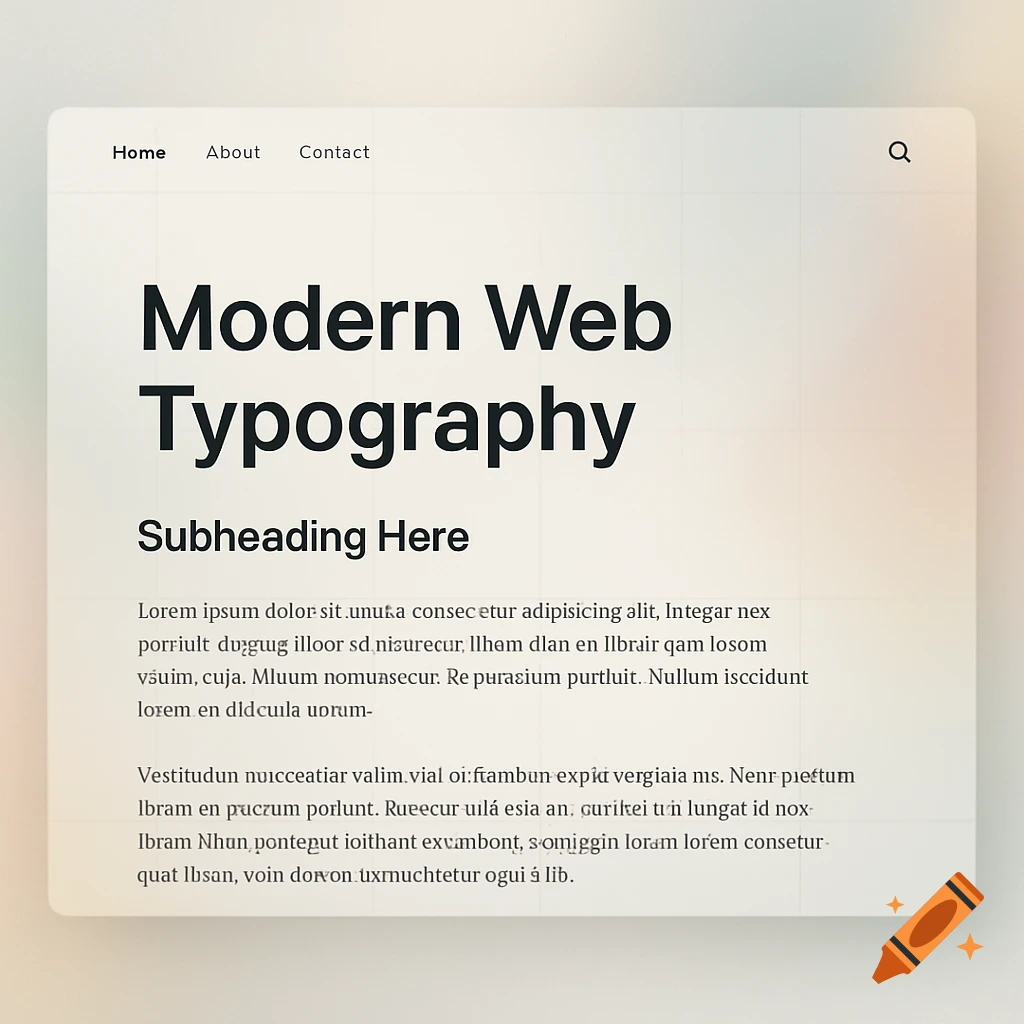 A minimal webpage layout showcasing modern typography, with navigation links, title, subheading, and body text.