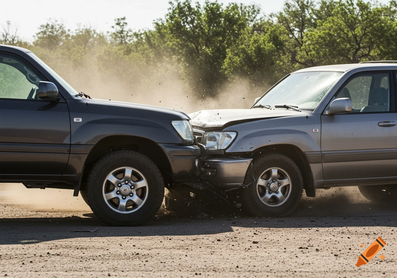 Two dark SUVs colliding head-on on a dirt road with dust flying.